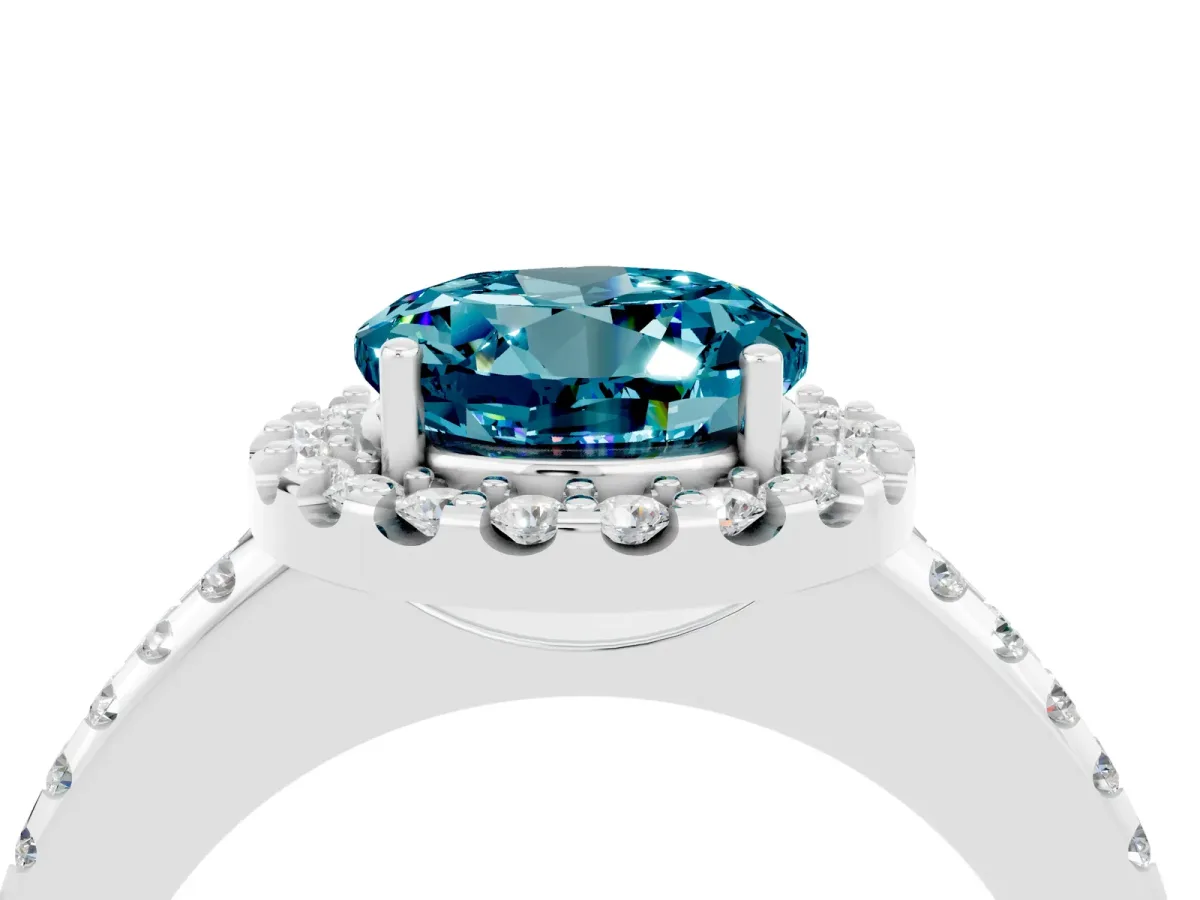 Round Cut Blue Topaz Pavé Halo Ring with Four-Prong Setting Platinum