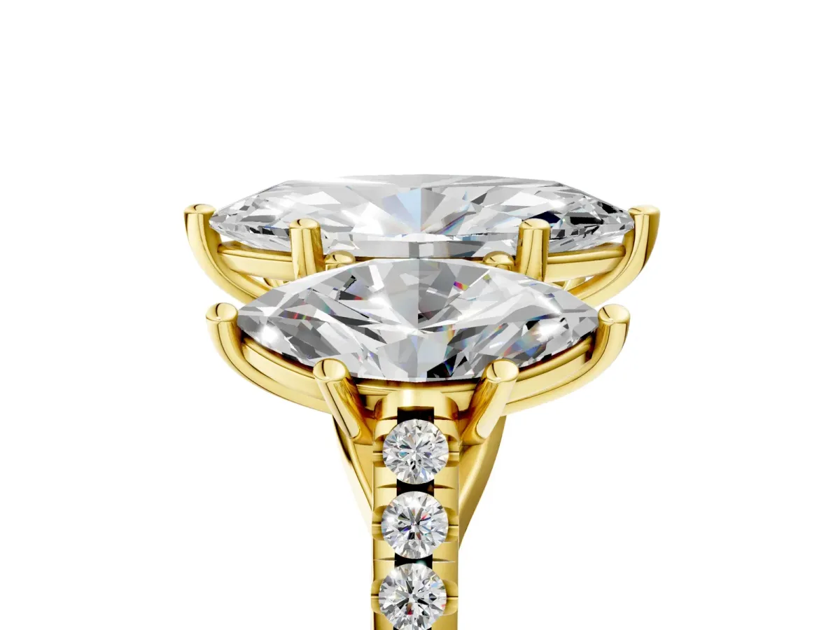 Fancy Green Three-Stone Marquise Cut Diamond Ring with Round Pavé Band and Prong Setting Yellow gold