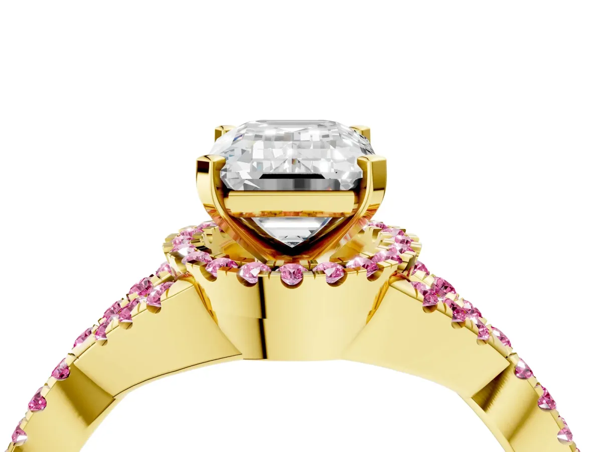 Emerald Cut Diamond Pink Sapphire Halo Twist Band Solitaire Prong Setting Ring Yellow gold