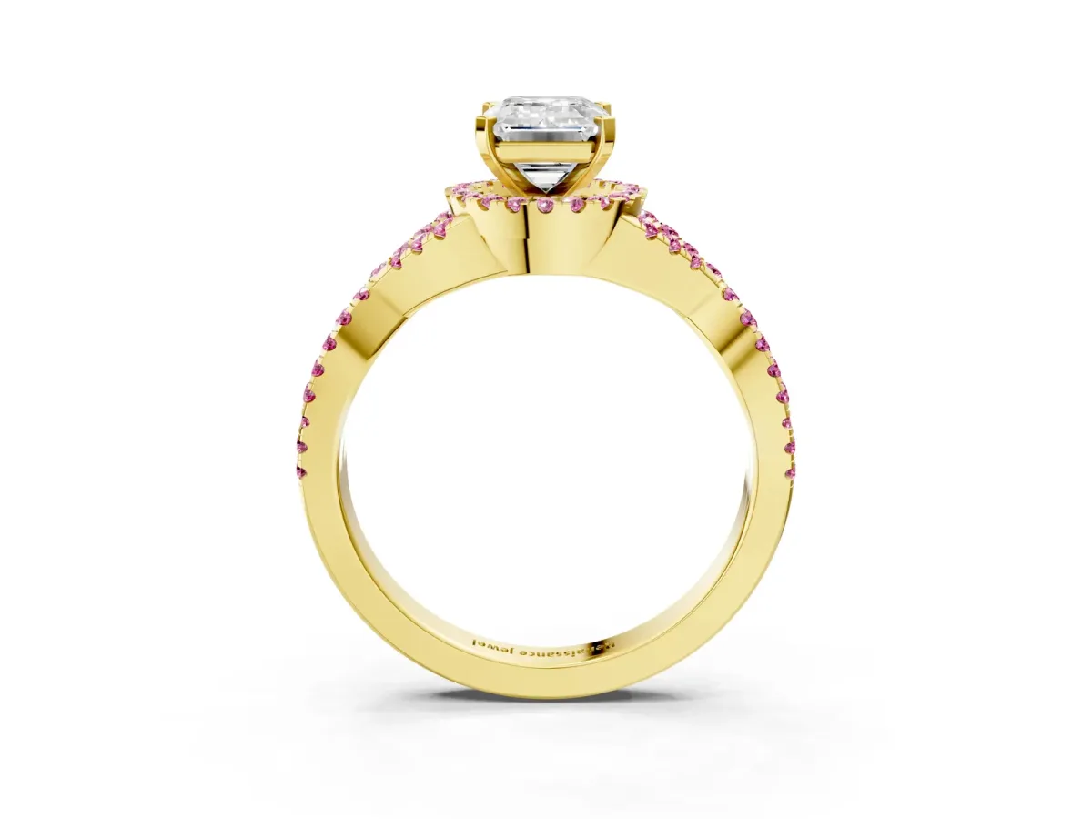 Emerald Cut Diamond Pink Sapphire Halo Twist Band Solitaire Prong Setting Ring Yellow gold