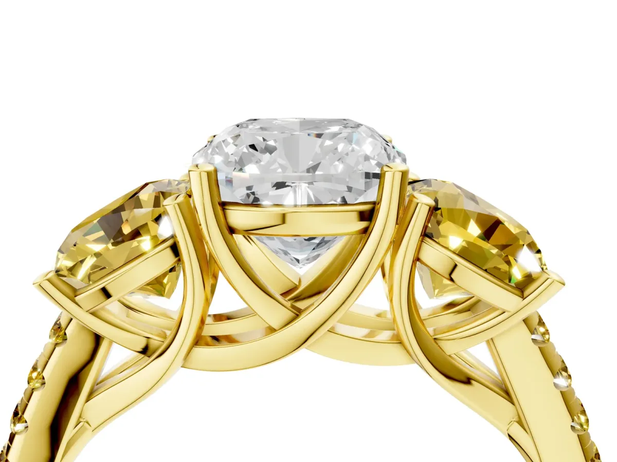 Three-Stone Cushion Cut Diamond Ring with Round Yellow Sapphire Pavé Band and Prong Setting Yellow gold