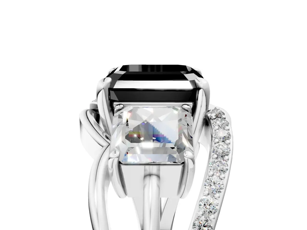 Fancy Black Three-Stone Asscher Cut Cut Diamond Split Shank Prong Set Ring Platinum