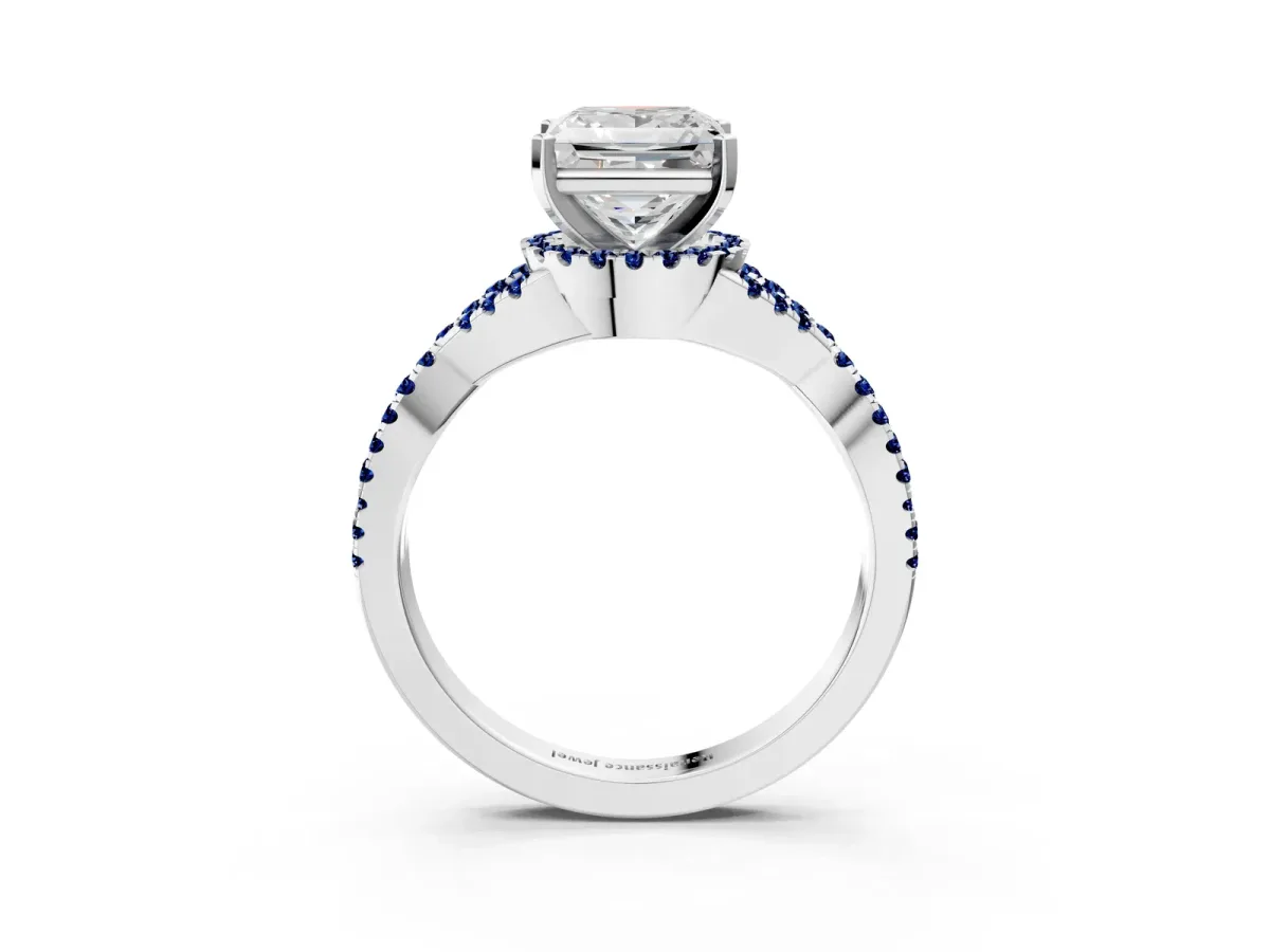 Princess Cut Diamond Blue Sapphire Halo Twist Band Solitaire Prong Setting Ring White gold