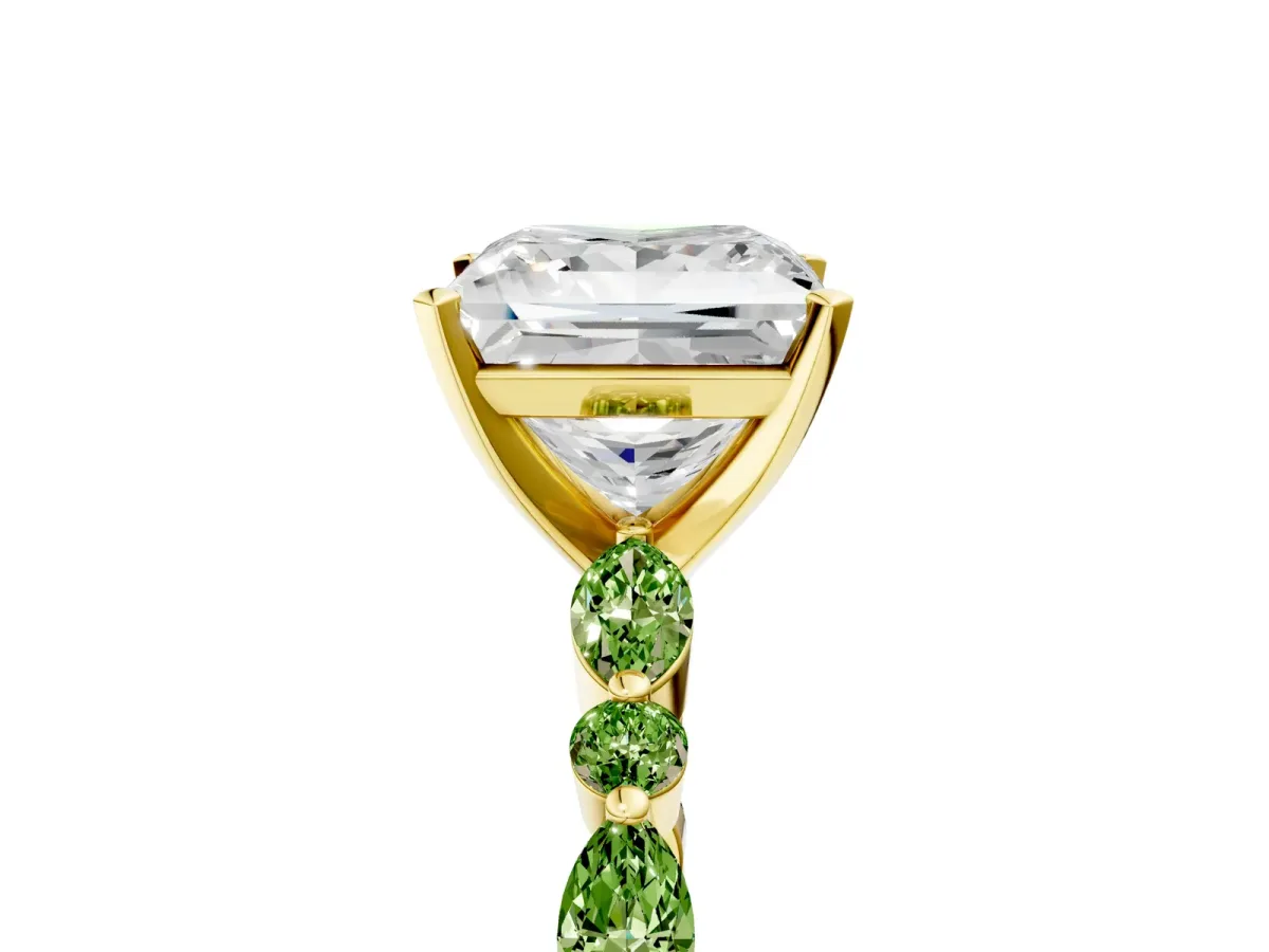 Princess Cut Diamond Ring with Marquise and Round Peridot Side Stones and Four-Prong Setting Yellow gold