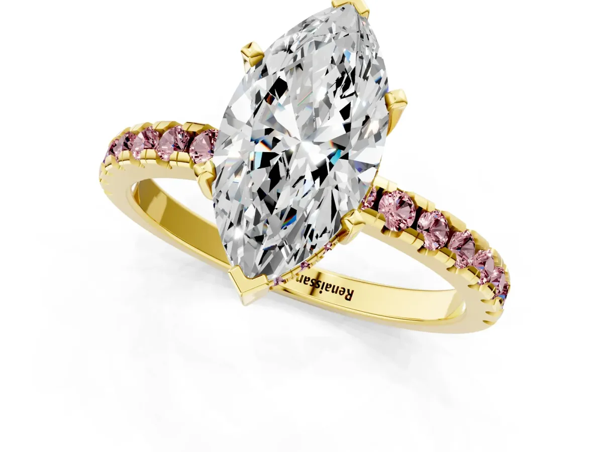 Marquise Cut Diamond Solitaire Ring with Round Morganite Pavé Band and Four-Prong Setting Yellow gold