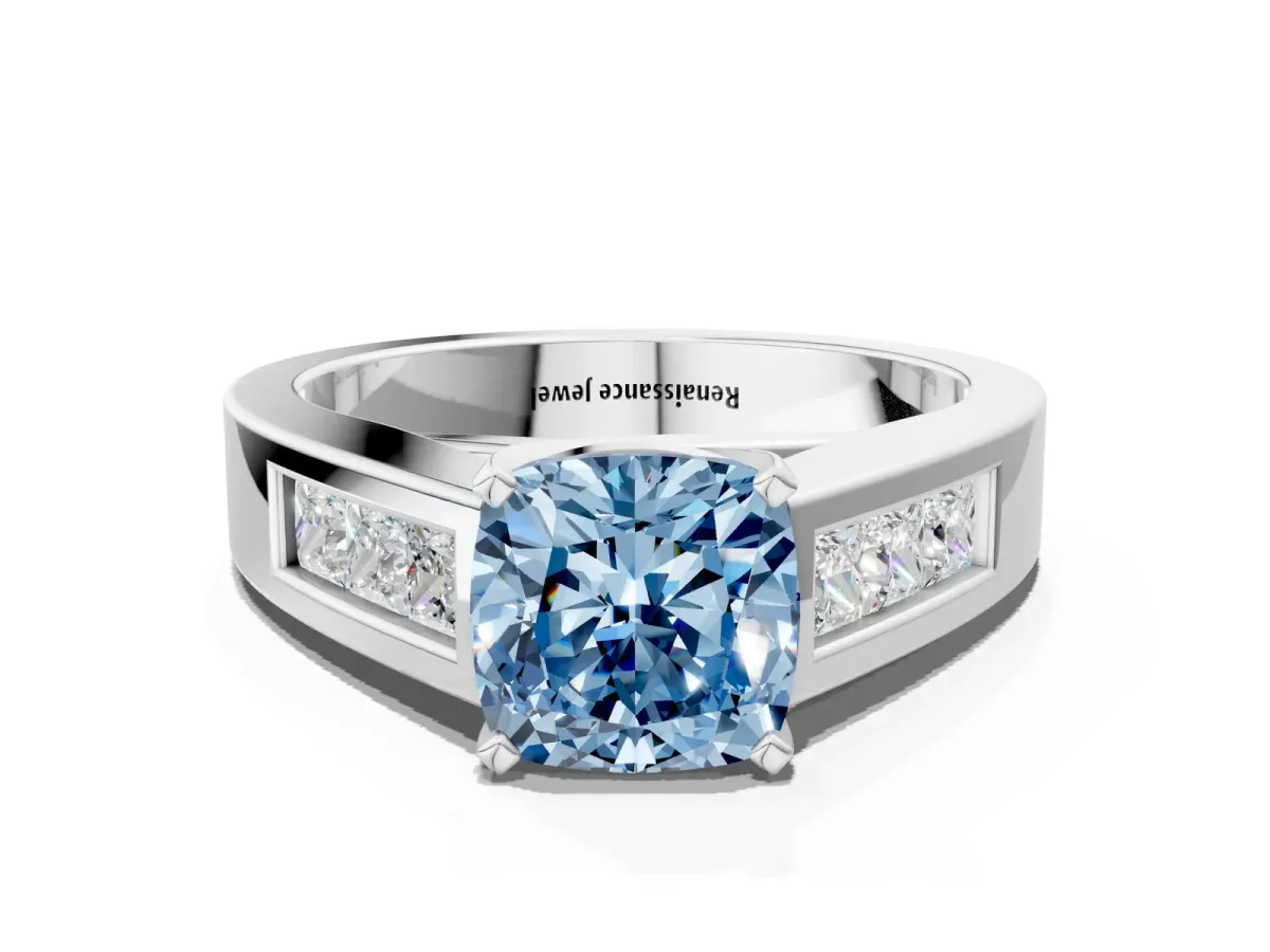 Fancy Blue Cushion Cut Cut Channel Set Solitaire Ring with Four-Prong Setting Silver
