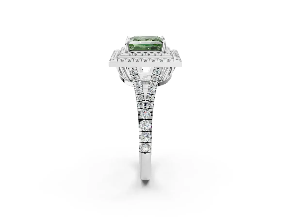 Fancy Green Princess Cut Diamond Double Halo Ring with Pavé Band and Prong Setting White gold