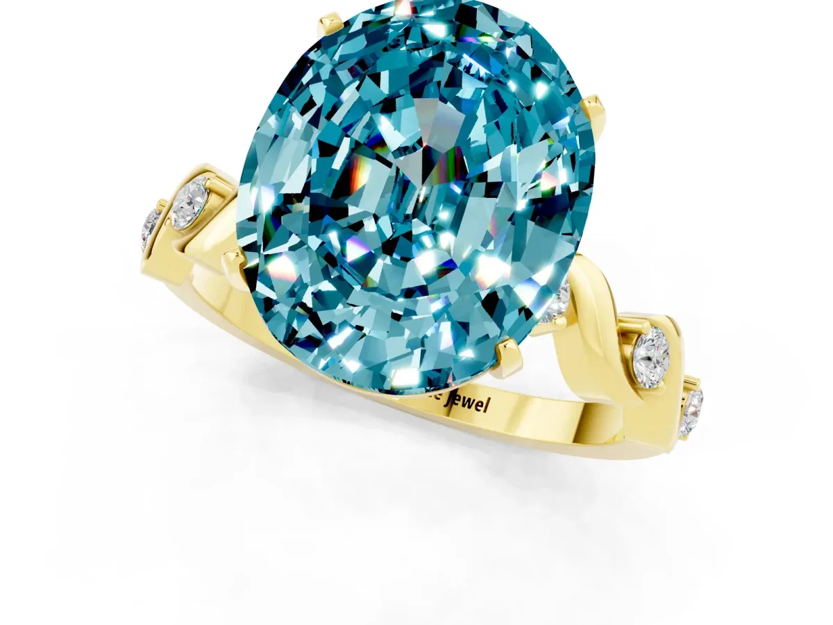 Oval Cut Blue Topaz Solitaire Twisted Band with Round Accents and Prong Setting Yellow gold