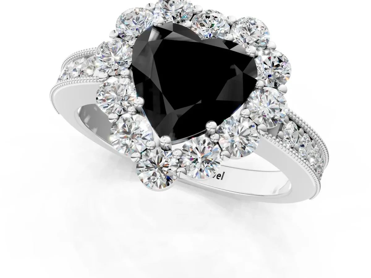 Fancy Black Heart Cut Cut Halo Diamond Pavé Engagement Ring with Milgrain Detailing Platinum