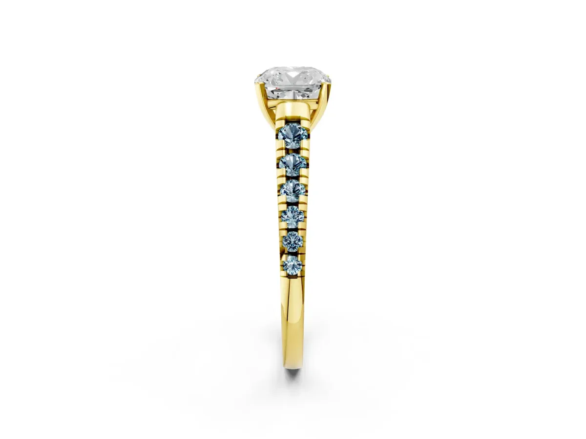 Cushion Cut Diamond Cathedral Solitaire Ring with Round Aquamarine Pavé Band Yellow gold