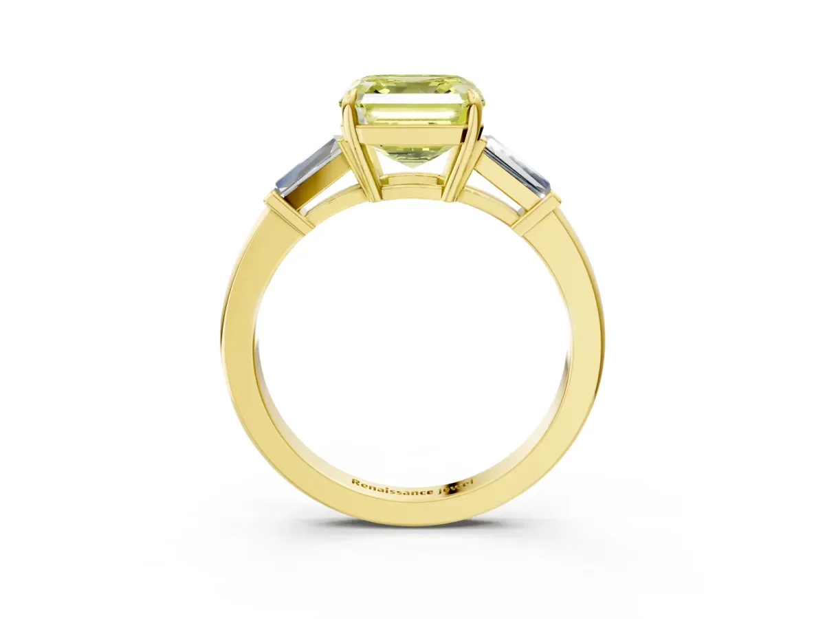 Fancy Yellow Asscher Cut Diamond Three-Stone Ring with Tapered Baguette Side Stones and Prong Setting Yellow gold