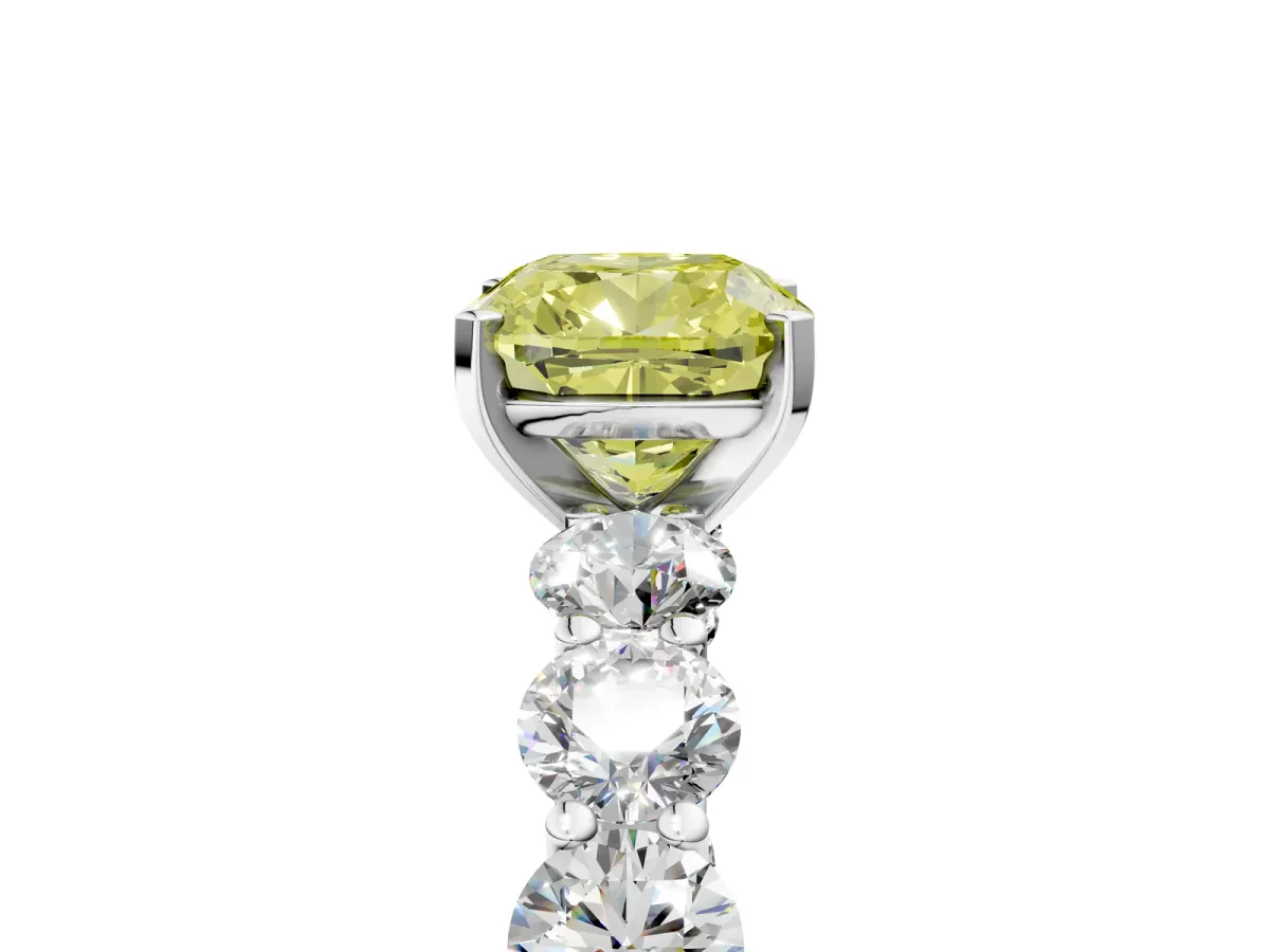 Fancy Yellow Cushion Cut Diamond Prong Setting with Side Stones on a Pave Band Silver