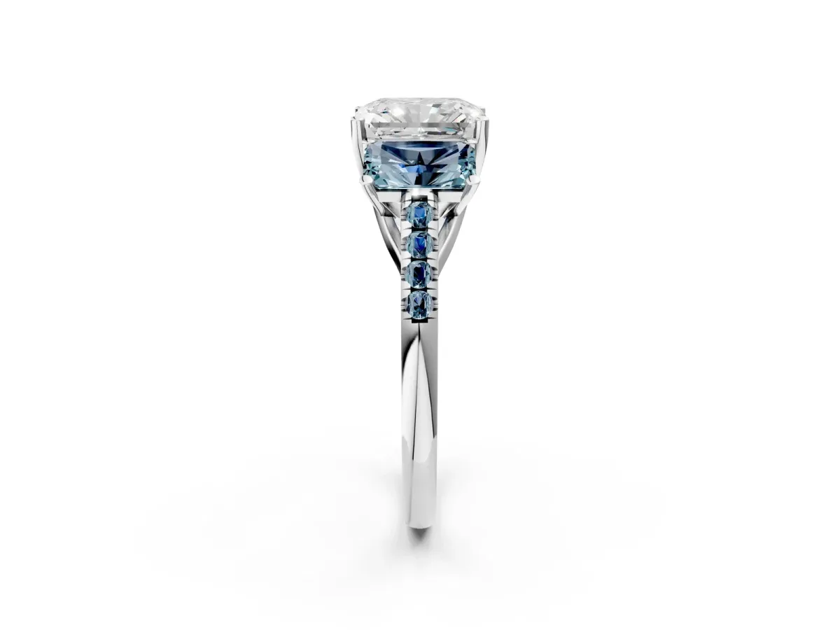 Three-Stone Radiant Cut Diamond Ring with Round Aquamarine Pavé Band and Prong Setting White gold