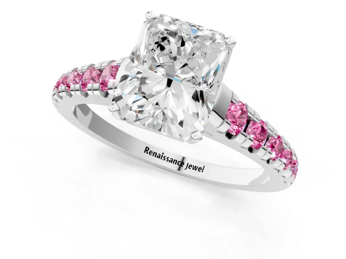 Radiant Cut Diamond Cathedral Solitaire Ring with Round Pink Sapphire Pavé Band White gold