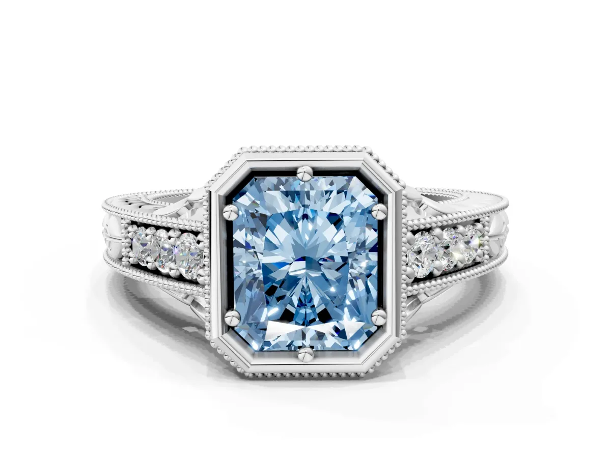 Fancy Blue Bezel Set Radiant Cut Diamond Milgrain Pave Engagement Ring Platinum