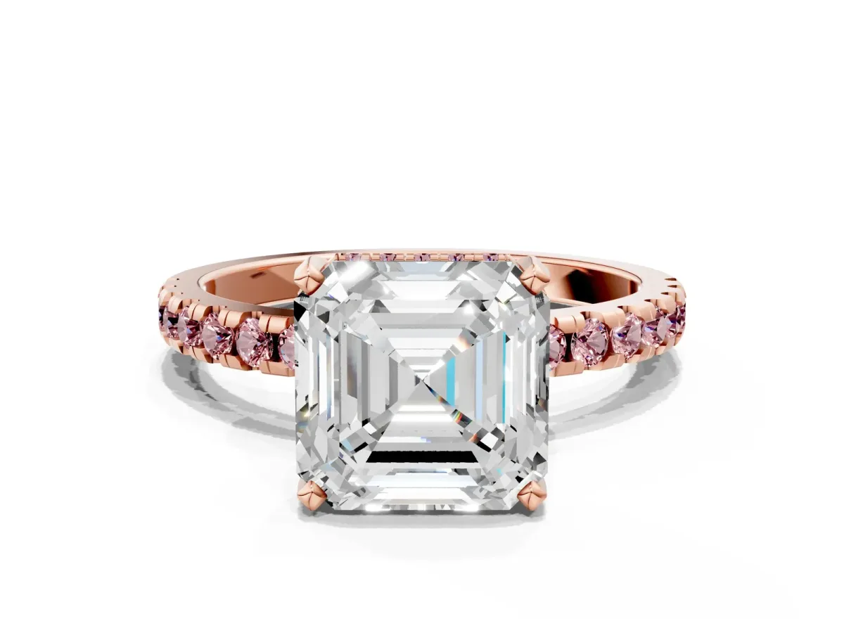 Asscher Cut Diamond Solitaire Ring with Round Morganite Pavé Band and Four-Prong Setting Rose gold