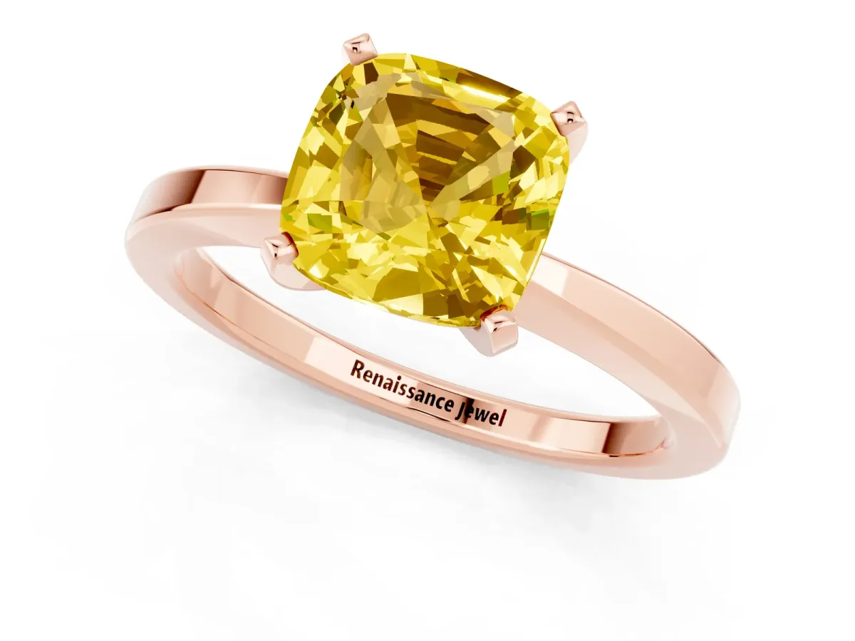 Cushion Cut Yellow Sapphire Solitaire Engagement Ring with Classic Band and Four-Prong Setting Rose gold