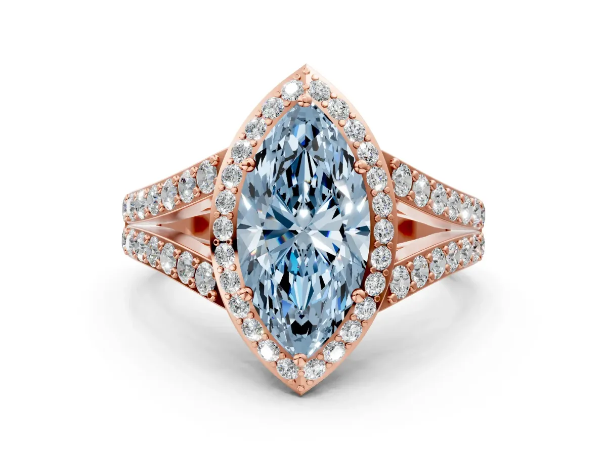 Fancy Blue Marquise Cut Diamond Split Shank Halo Ring with Four-Prong Setting Rose gold