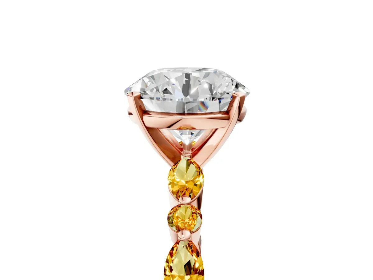 Round Cut Diamond Ring with Marquise and Round Citrine Side Stones and Four-Prong Setting Rose gold