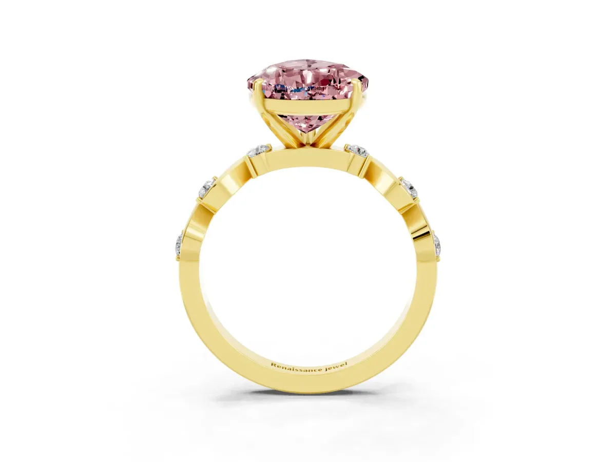 Pear Cut Morganite Solitaire Twisted Band with Round Accents and Prong Setting Yellow gold