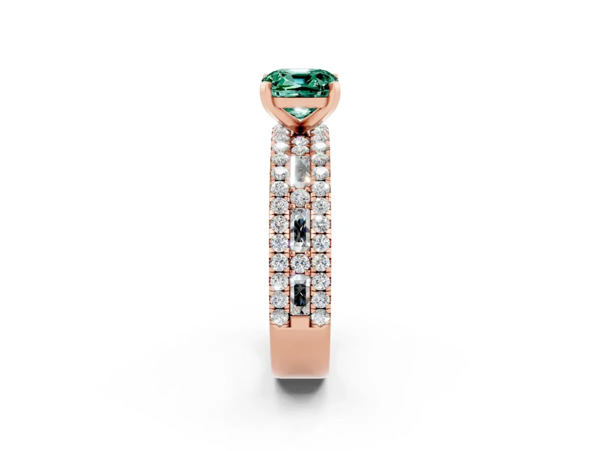 Cushion Cut Green Sapphire Solitaire Ring with Pavé and Channel Set Band Rose gold