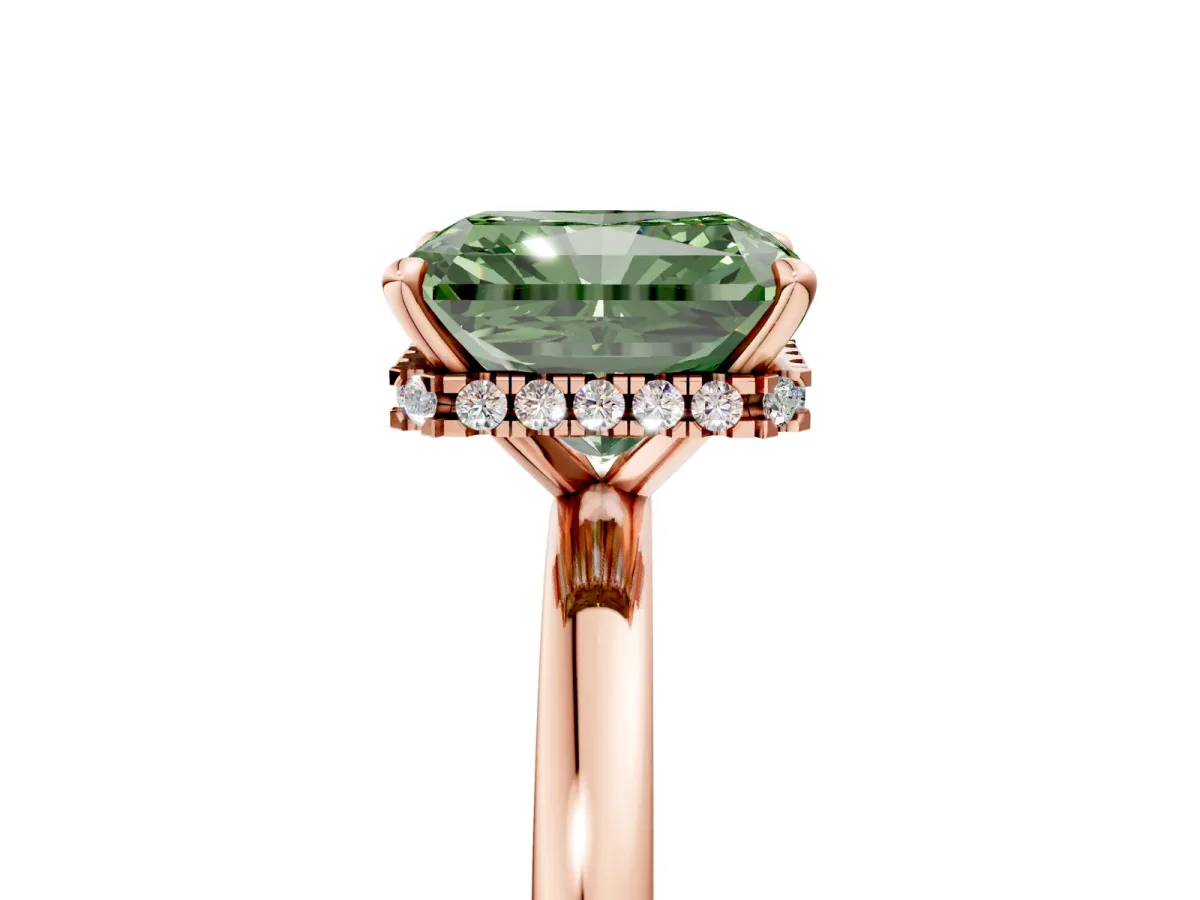 Fancy Green Radiant Cut Solitaire Engagement Ring with Cathedral Band and Four-Prong Setting Rose gold