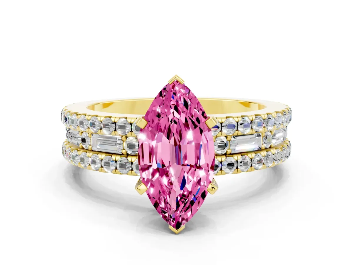 Marquise Cut Pink Sapphire Solitaire Ring with Pavé and Channel Set Band Yellow gold