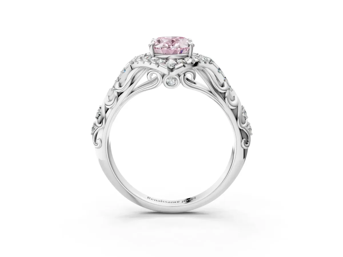 Fancy Pink Oval Cut Diamond Solitaire Ring with Hidden Halo and Pavé Band White gold