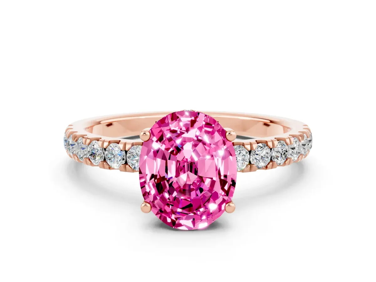 Oval Cut Pink Sapphire Pave Band Solitaire Ring with Round and Prong Setting Rose gold
