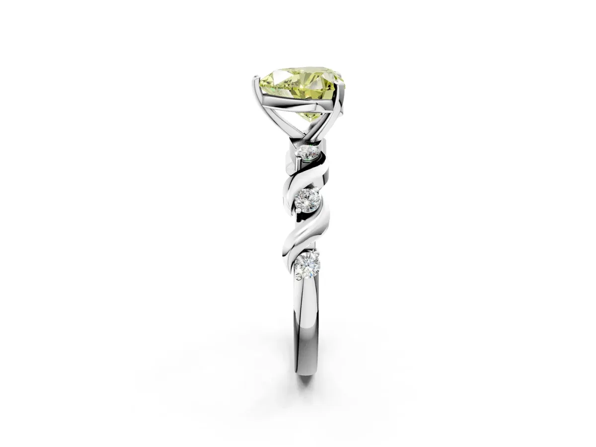 Fancy Yellow Heart Cut Diamond Solitaire Twisted Band with Round Accents and Prong Setting White gold