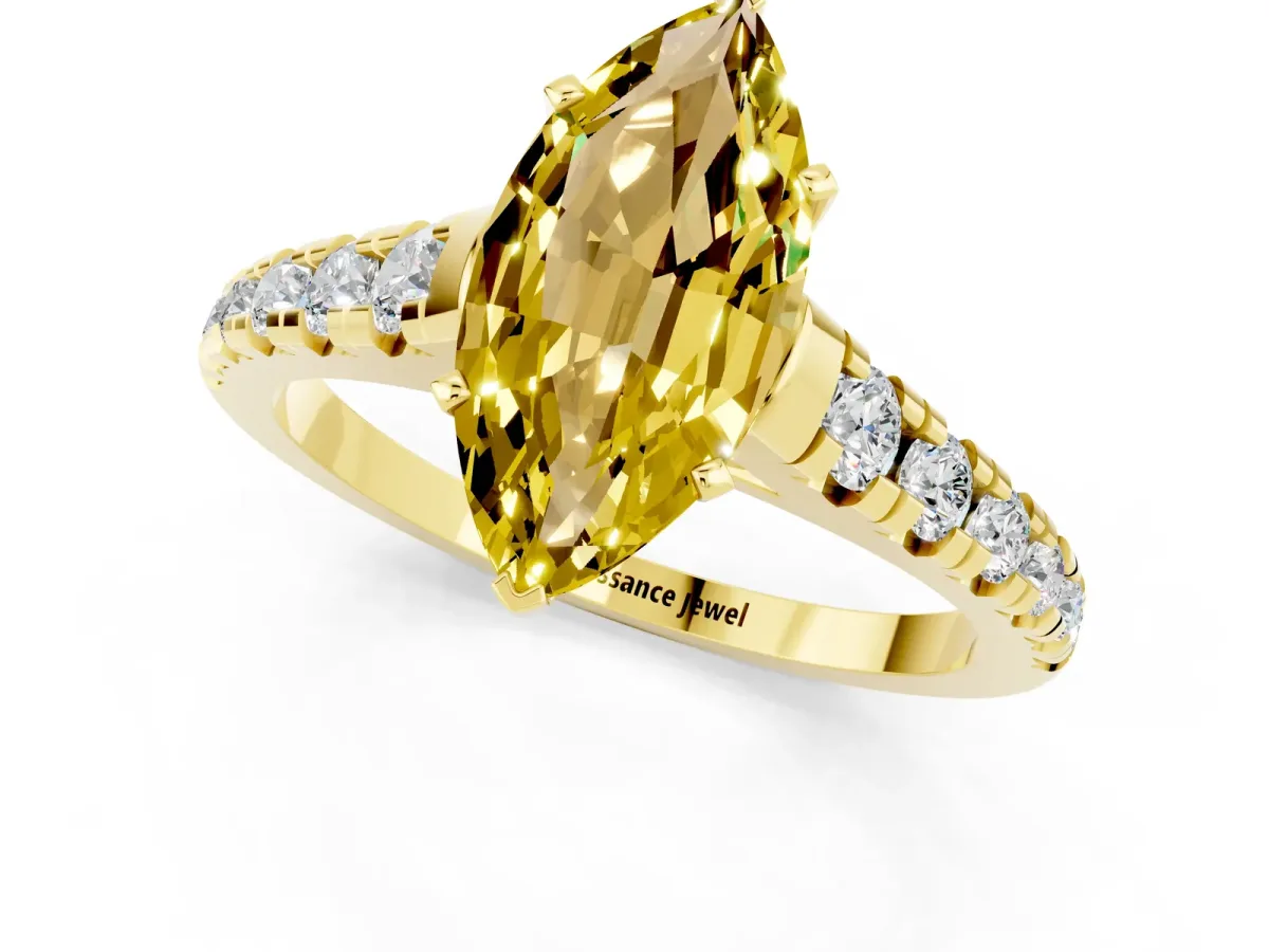 Marquise Cut Yellow Sapphire Cathedral Solitaire Ring with Round Pavé Band Yellow gold