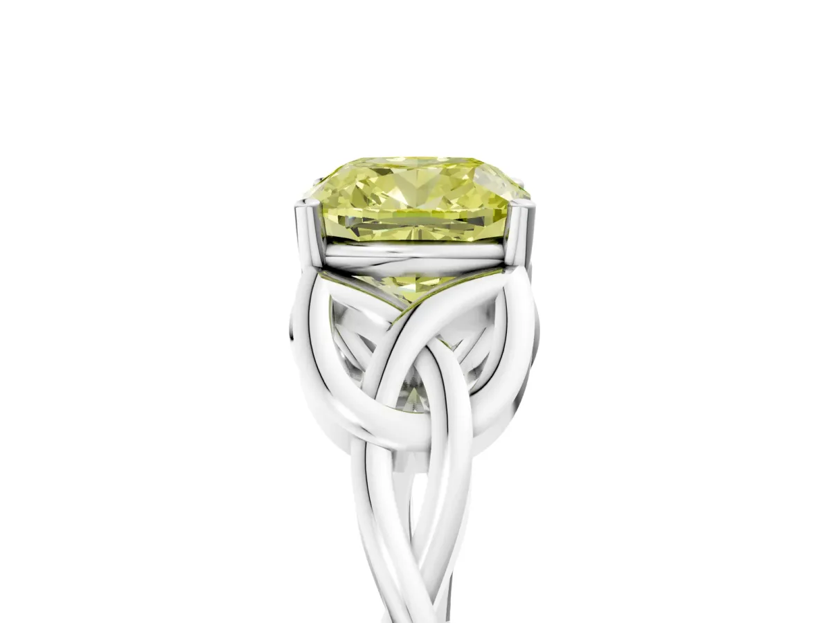 Fancy Yellow Cushion Cut Diamond Solitaire Engagement Ring with Celtic Knot Band and Four-Prong Setting White gold