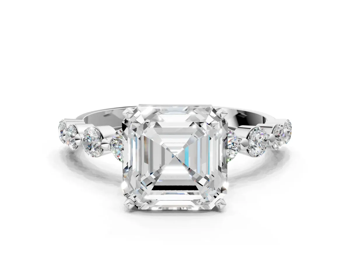 Asscher Cut Solitaire Diamond Ring with Pave Band and Four-Prong Setting Silver