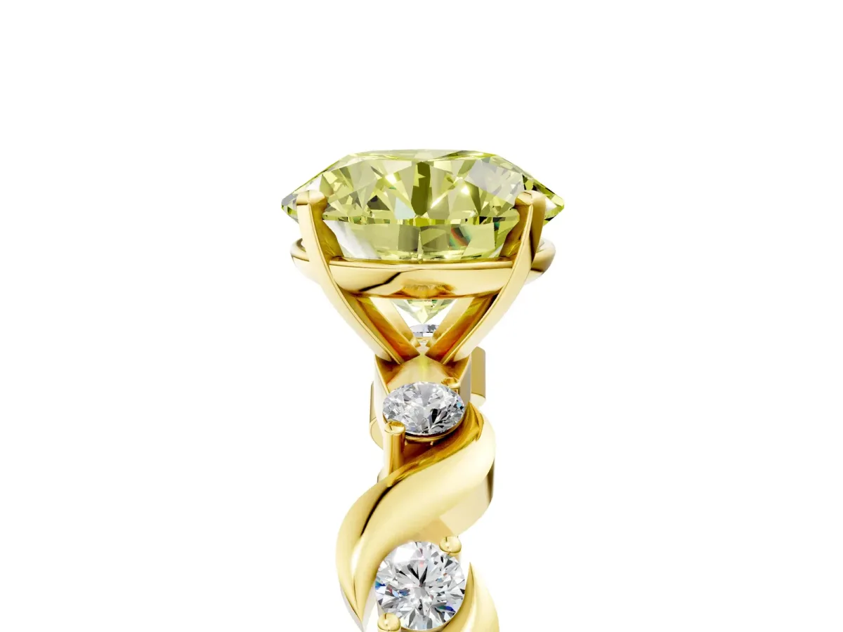 Fancy Yellow Round Cut Diamond Solitaire Twisted Band with Round Accents and Prong Setting Yellow gold