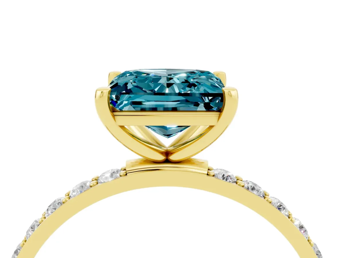Princess Cut Blue Topaz Solitaire Ring with Round Pavé Band and Prong Setting Yellow gold