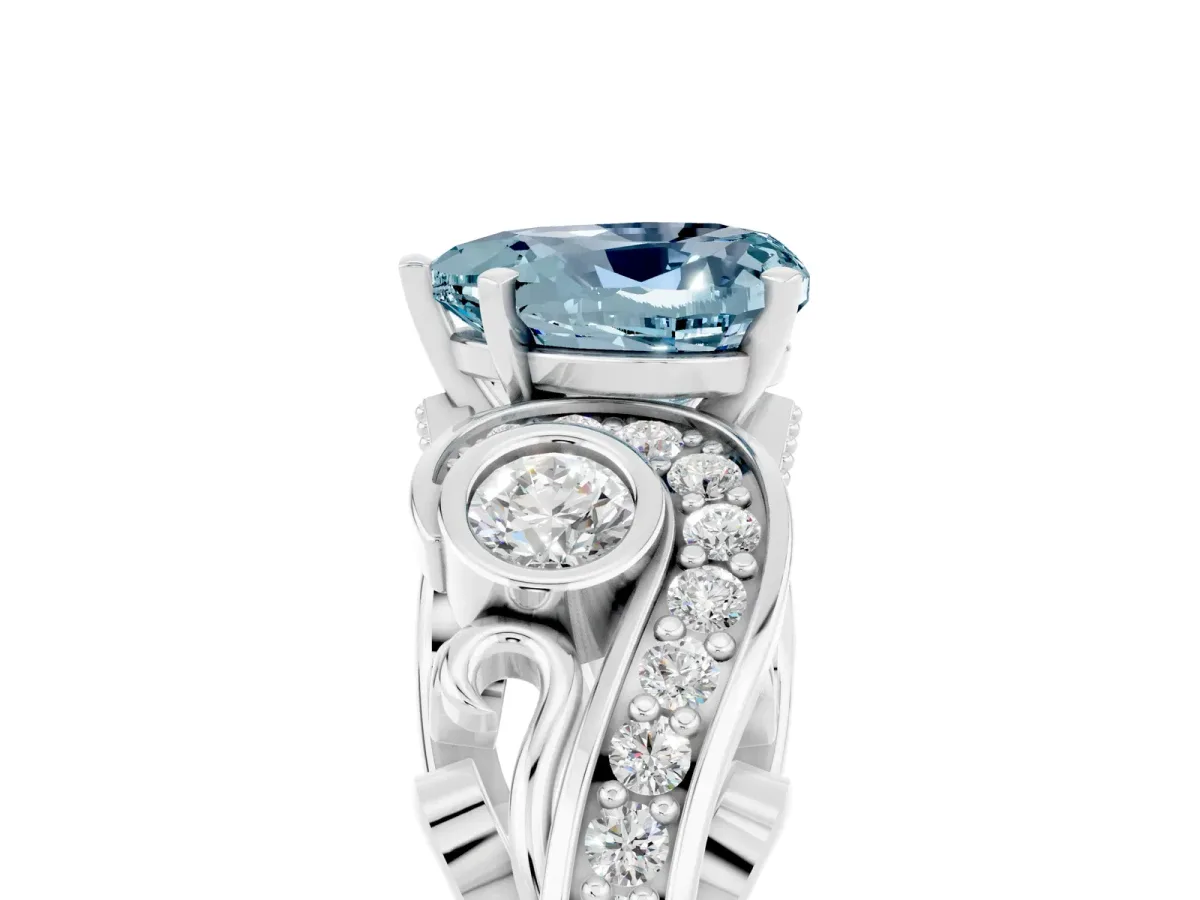 Heart Cut Aquamarine Solitaire Ring with Milgrain Pavé Band and Four-Prong Setting Platinum