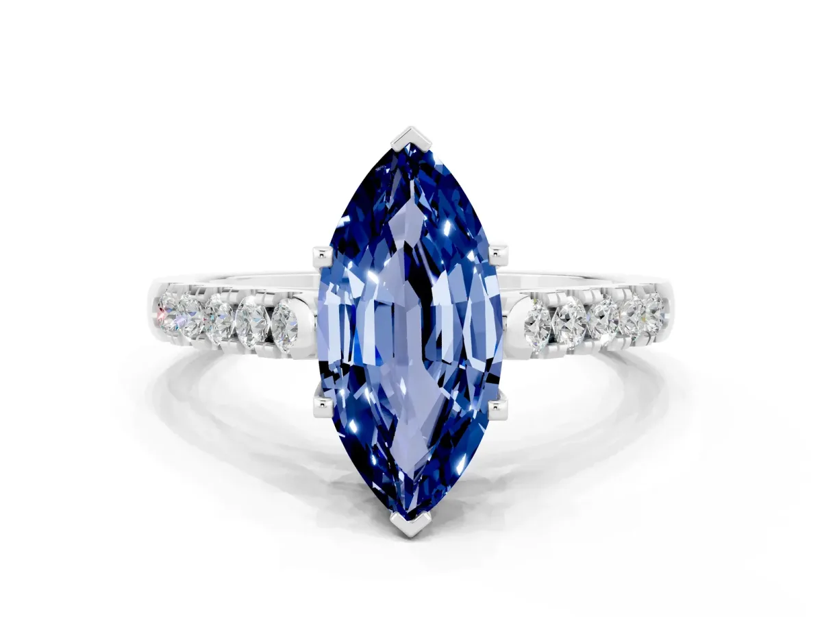Marquise Cut Blue Sapphire Pavé Band Solitaire Ring with Prong Setting Silver