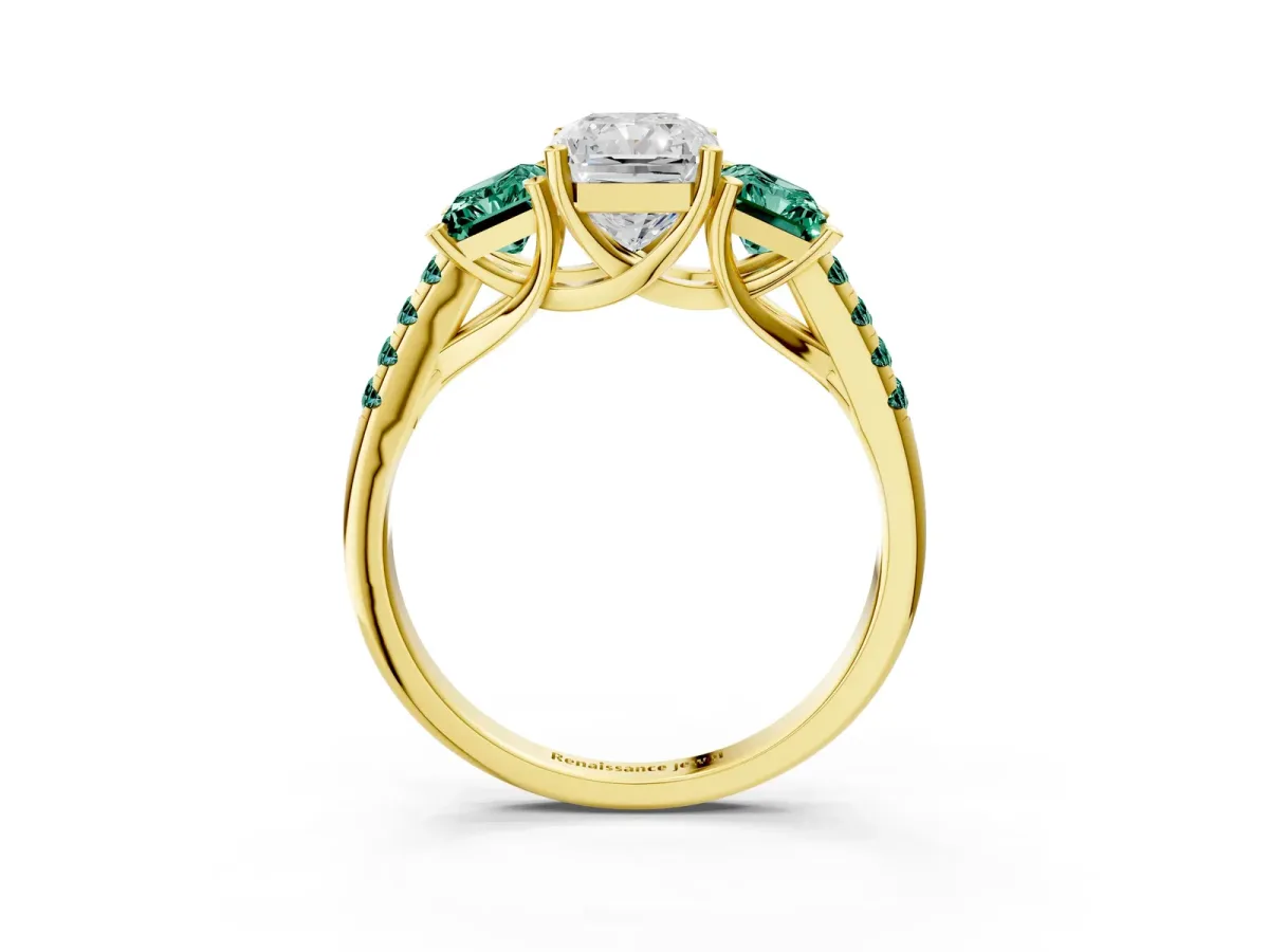 Three-Stone Radiant Cut Diamond Ring with Round Green Sapphire Pavé Band and Prong Setting Yellow gold