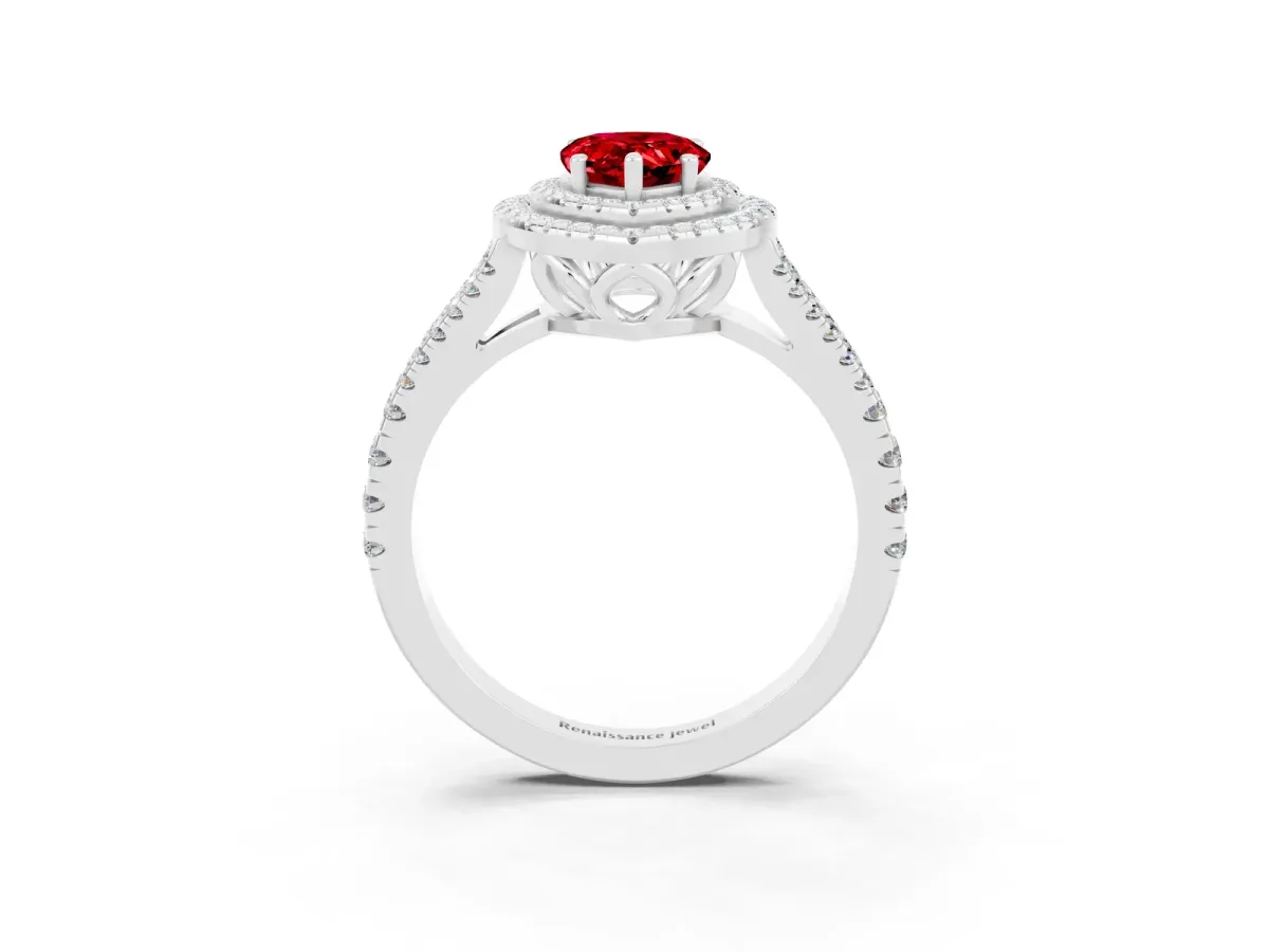 Pear Cut Ruby Double Halo Ring with Pavé Band and Prong Setting Silver