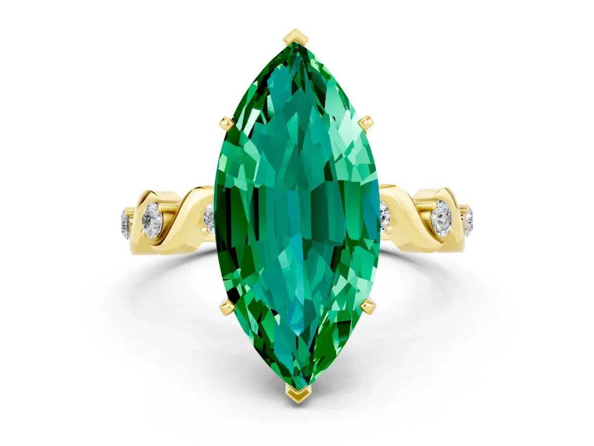 Marquise Cut Emerald Solitaire Twisted Band with Round Accents and Prong Setting Yellow gold
