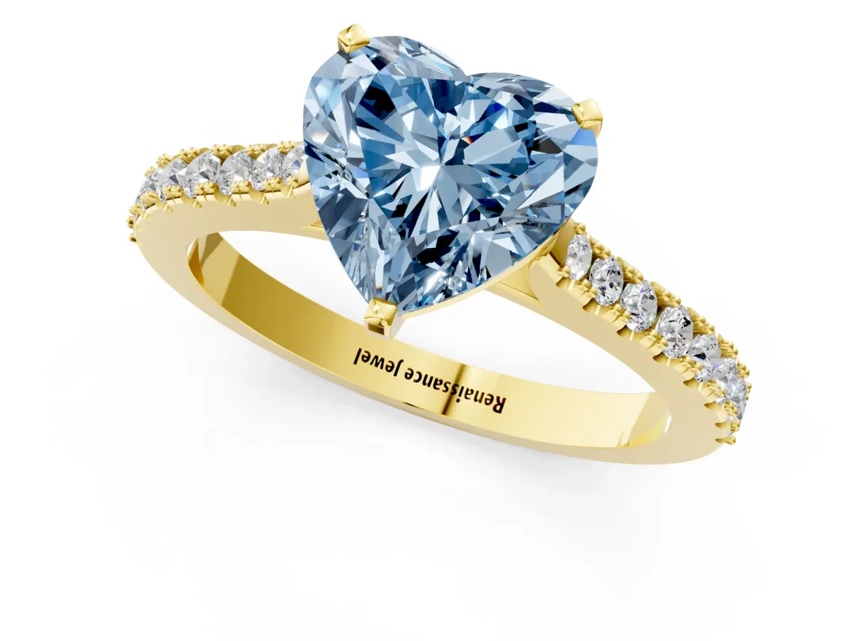 Fancy Blue Heart Cut Cut Solitaire Diamond Engagement Ring with Pave Band and Four-Prong Setting Yellow gold