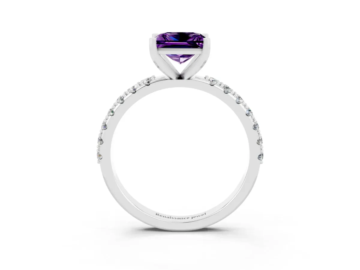Princess Cut Amethyst Solitaire Pavé Band with Four-Prong Setting Platinum
