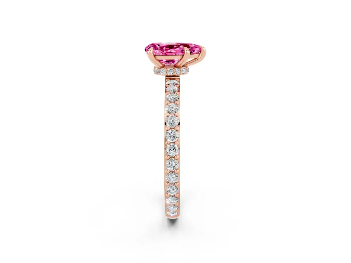 Pear Cut Pink Sapphire Solitaire Engagement Ring with Pavé Band and Four-Prong Setting Rose gold