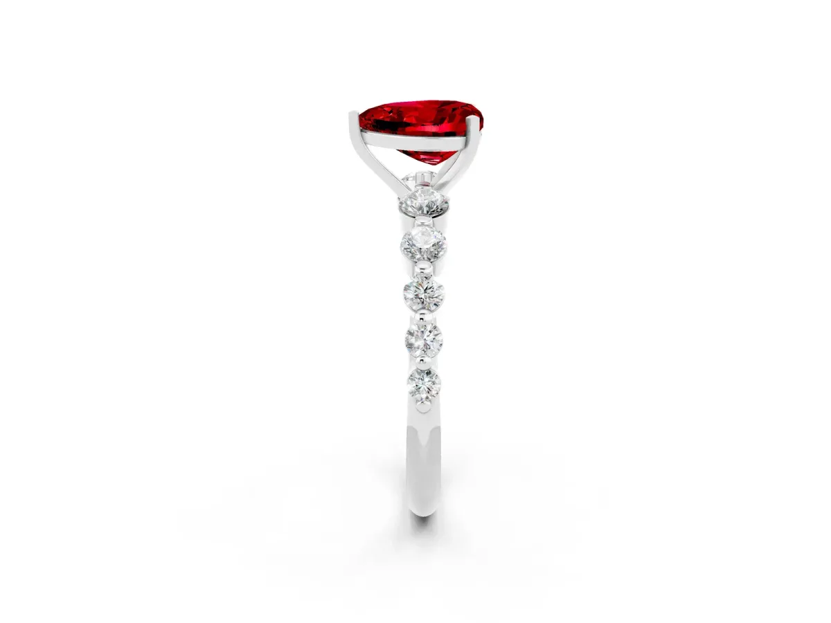 Heart Cut Solitaire Ruby Ring with Pave Band and Four-Prong Setting White gold