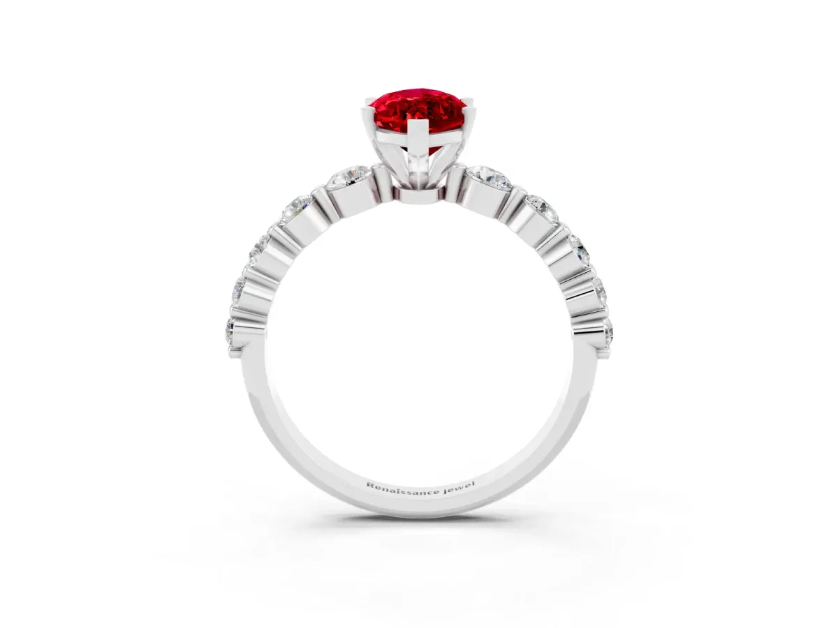 Marquise Cut Solitaire Ruby Ring with Pave Band and Four-Prong Setting Platinum