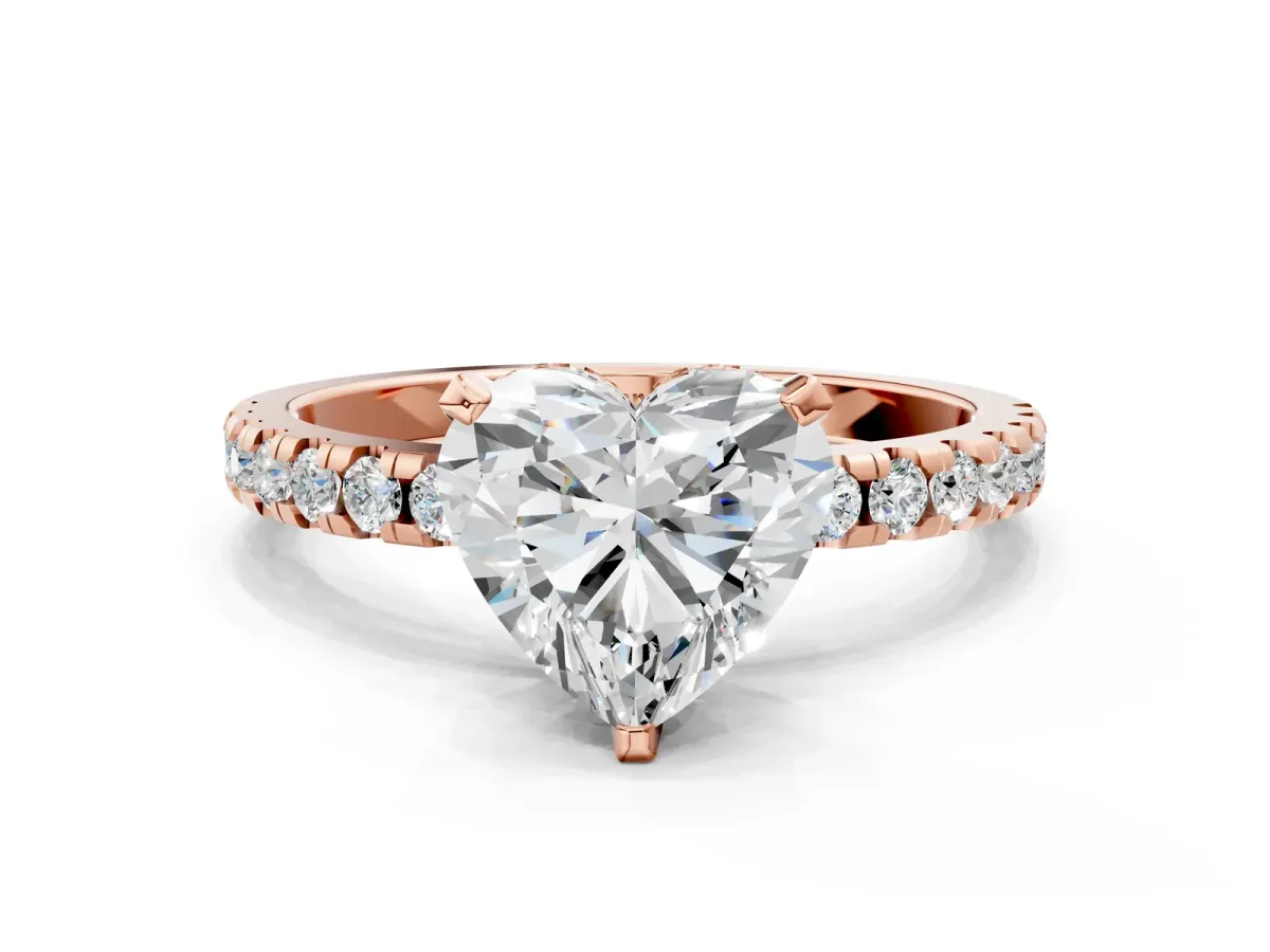 Heart Cut Diamond Solitaire Ring with Round Moissanite Pavé Band and Four-Prong Setting Rose gold