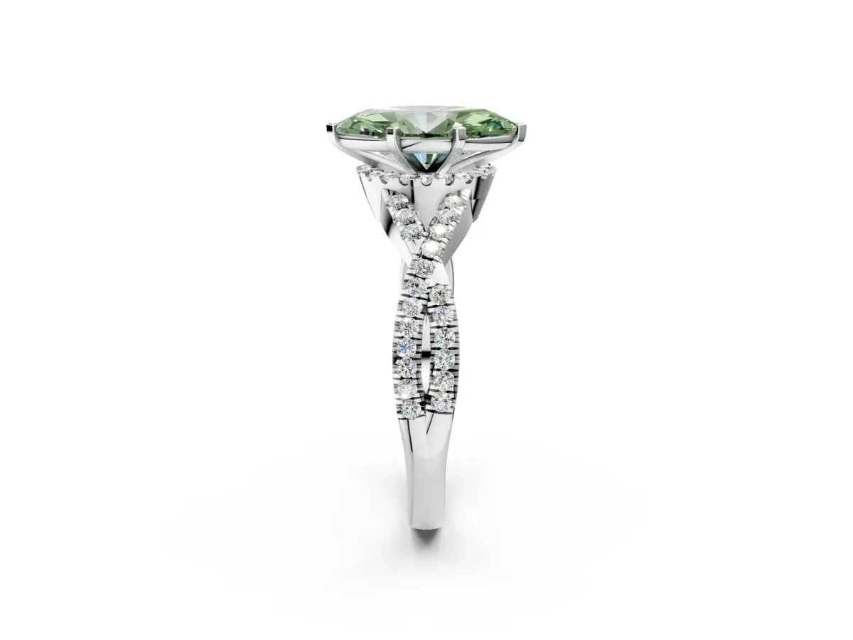 Fancy Green Heart Cut Diamond Halo Twist Band Solitaire Prong Setting Ring White gold