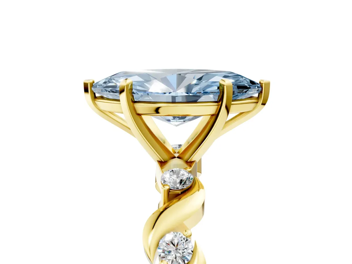Fancy Blue Marquise Cut Diamond Solitaire Twisted Band with Round Accents and Prong Setting Yellow gold