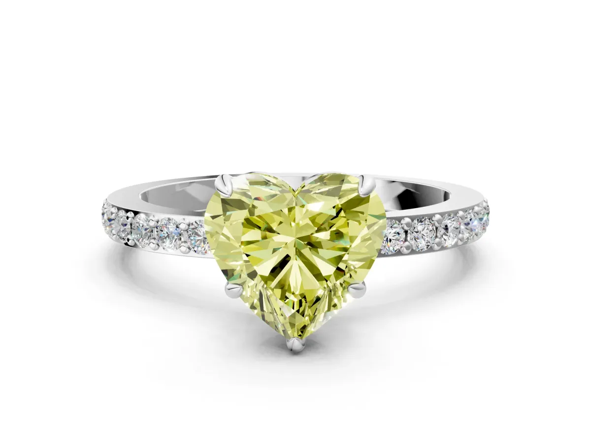Fancy Yellow Heart Cut Diamond Solitaire Engagement Ring with Pavé Band and Four-Prong Setting White gold