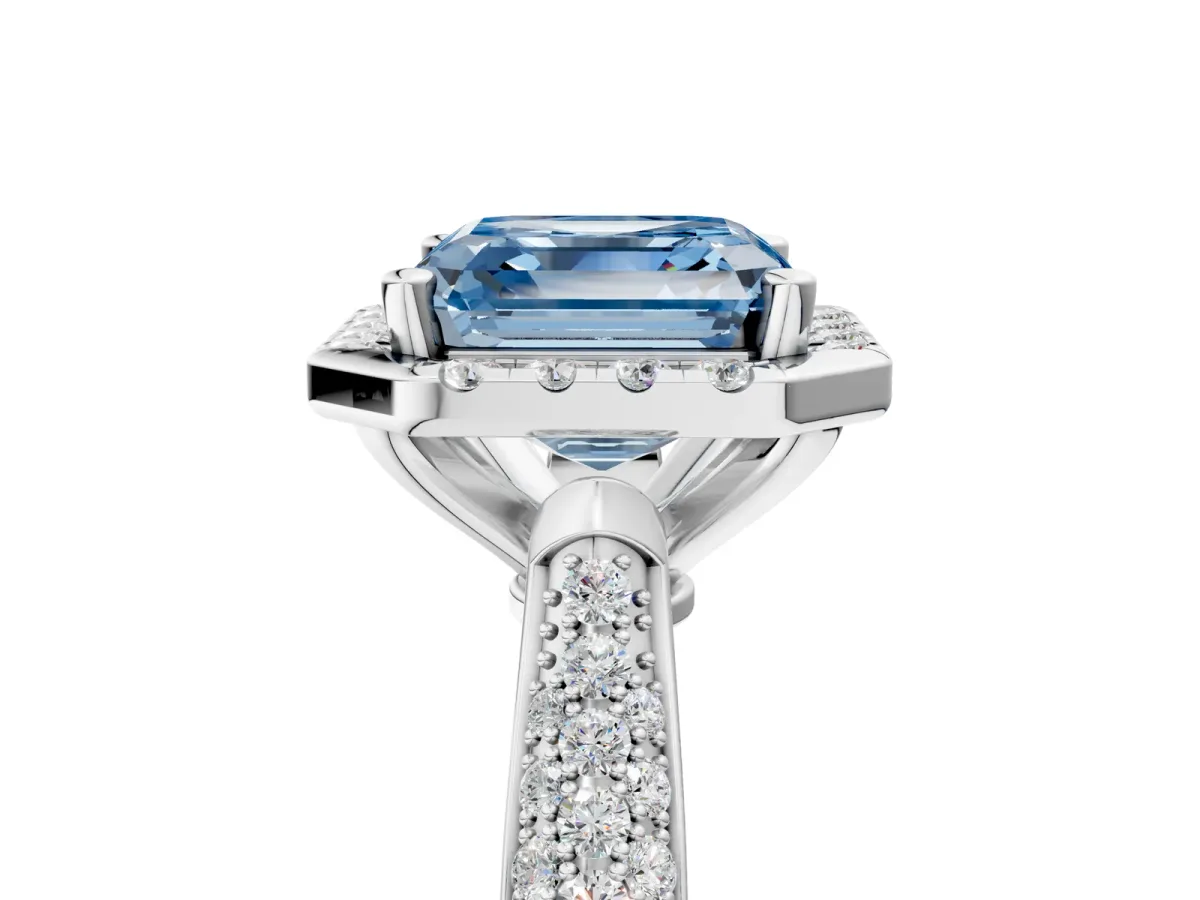 Fancy Blue Asscher Cut Cut Halo Pave Band Four-Prong Setting Ring Platinum